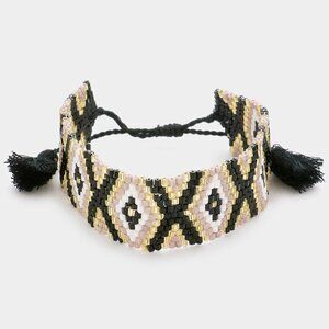 NWT Boho Black Pink Aztec Patterned Beaded Tassel Pull Tie Cinch Bracelet